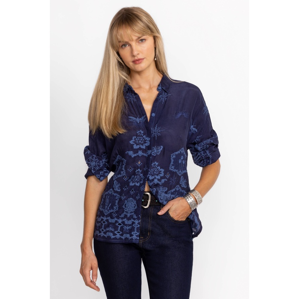 Johnny Was Slim Audrey Button Down Shirt Navy Blue Tonal Embroidered Rayon S